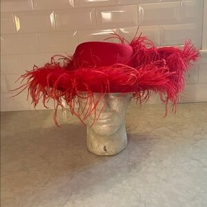 Vintage Elsie Red Wool Hat with feathers, Valentines Day, Red Hat Society